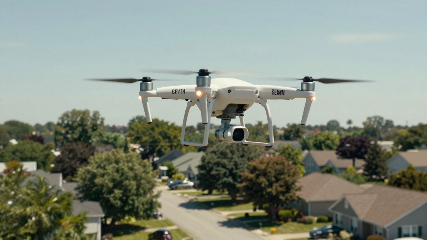 Drone flying over a neighborhood.