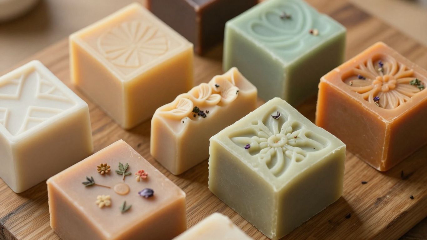 Sabonetes artesanais coloridos e perfumados em uma superfície rústica.