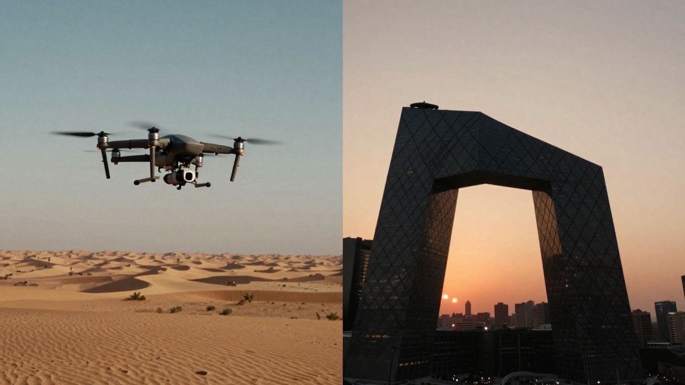 Drone and skyscraper at sunset