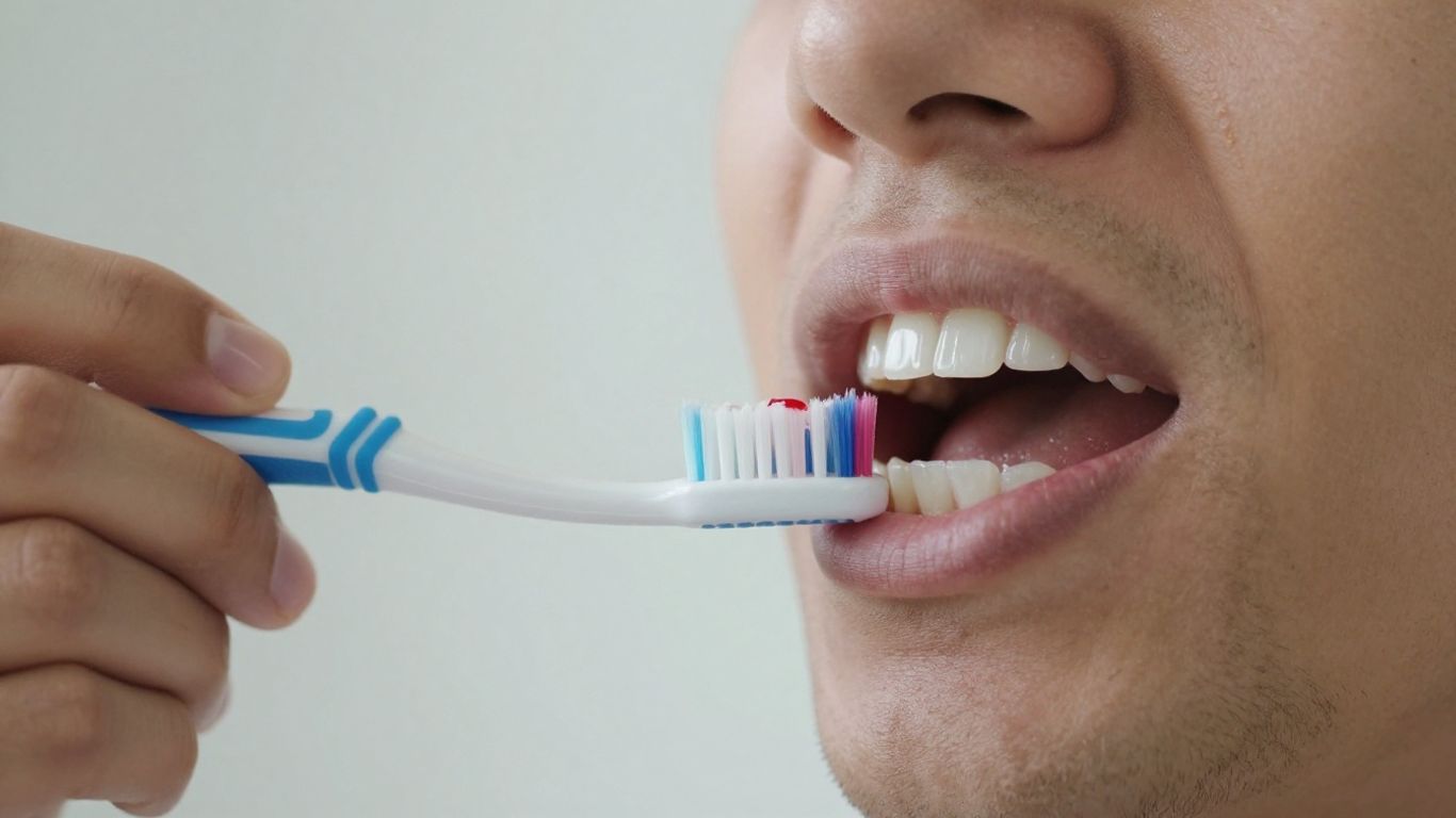 Person brushing teeth with slight gum bleeding.