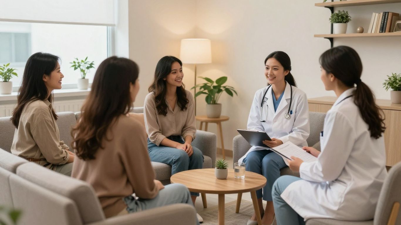 Women's health clinic interior with doctor and patients.