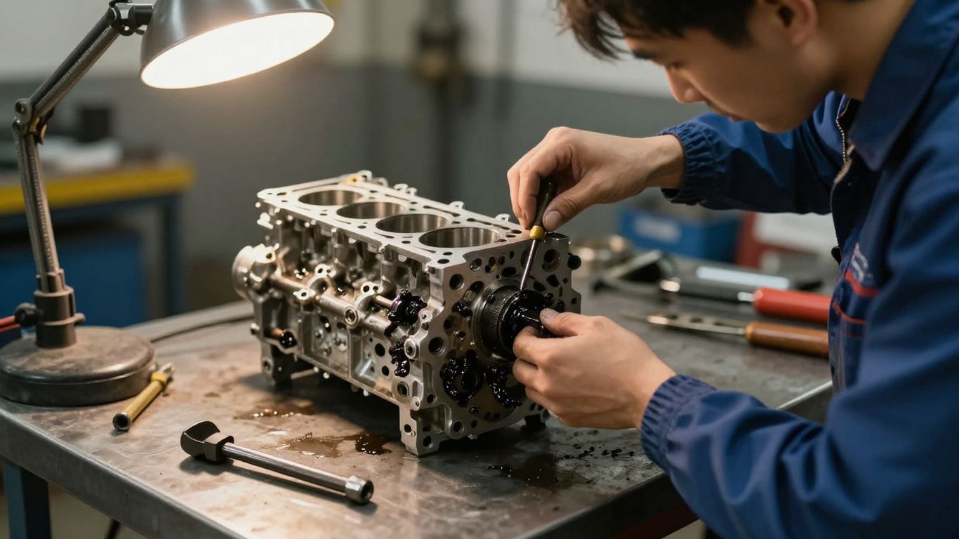 A technician inspecting the engine block of a car