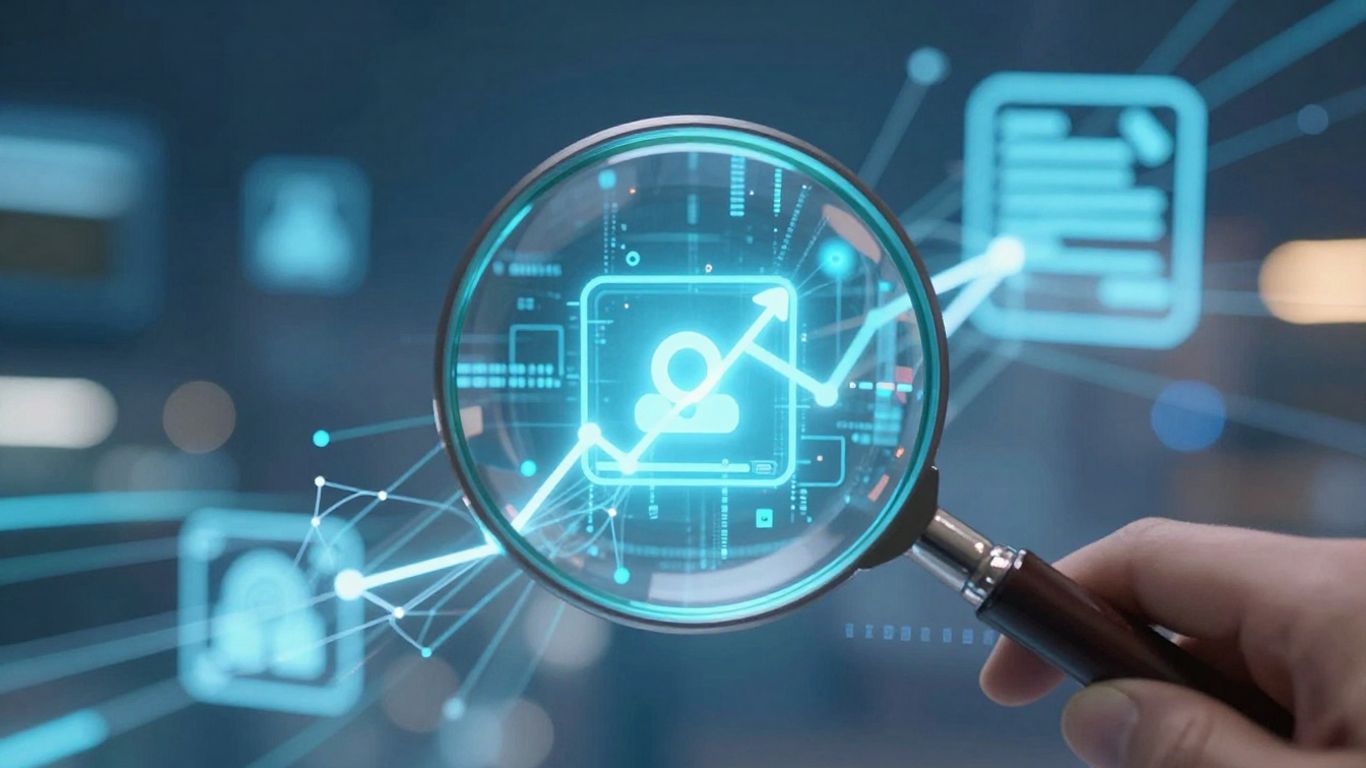 Digital marketing magnifying glass over glowing online landscape.