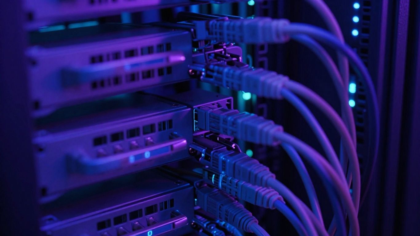 Network cables and server racks in a data center.
