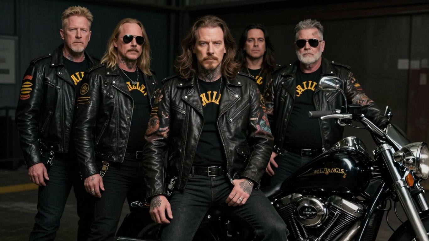 Leden van Hells Angels met motoren en leren jacks.