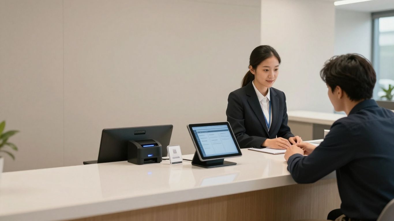 Reception desk with visitor tablet and badge printer