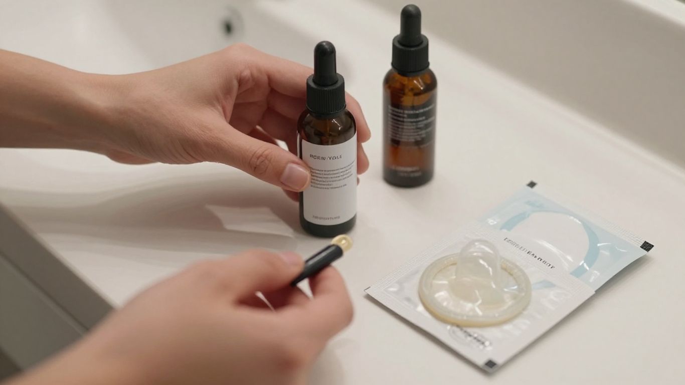 Hands checking lubricant and condom packaging for material details