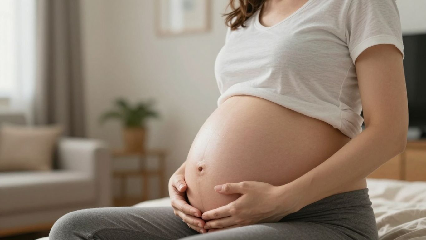 Mujer embarazada de 32 semanas acariciando su vientre.