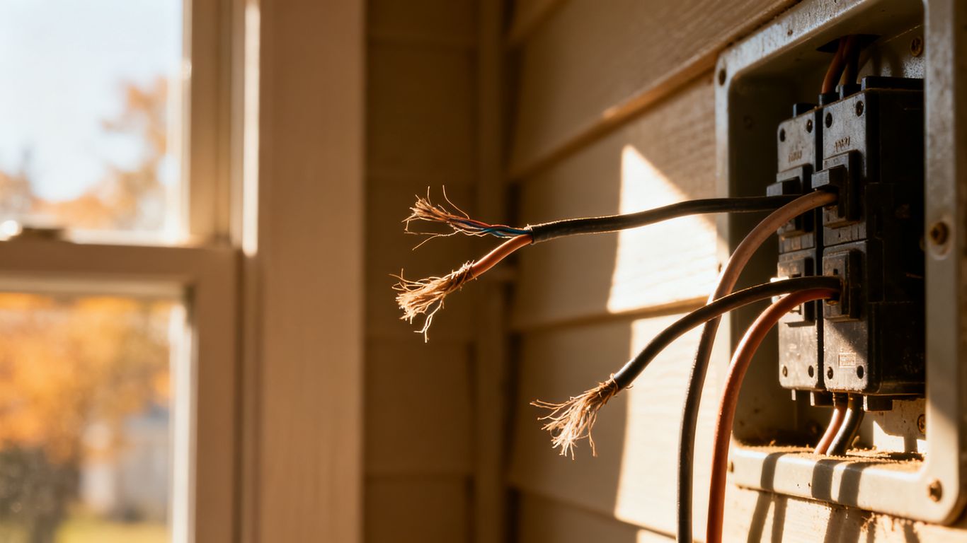 Home electrical panel with frayed wires near a sunny window.