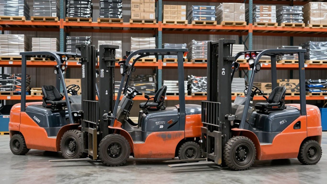 รถโฟล์คลิฟท์หลากหลายประเภทจอดเรียงกันในคลังสินค้า