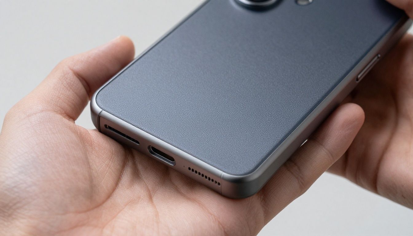 A close-up shot of someone holding a Galaxy S25 Edge in a textured case, showing the good grip and material detail.