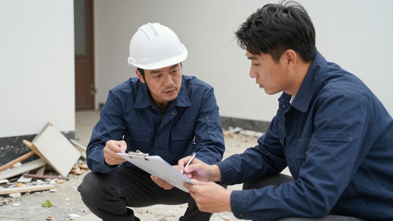 Insurance adjuster assessing property damage with homeowner.