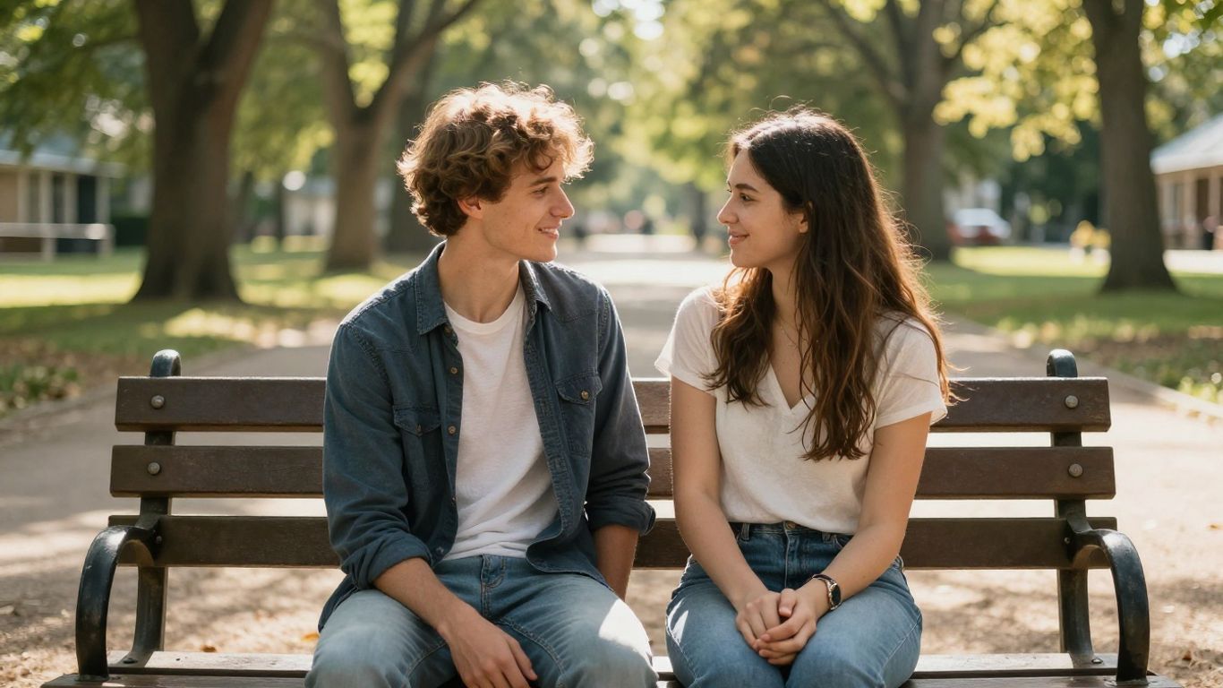 Pareja feliz en un banco, compartiendo un momento íntimo.