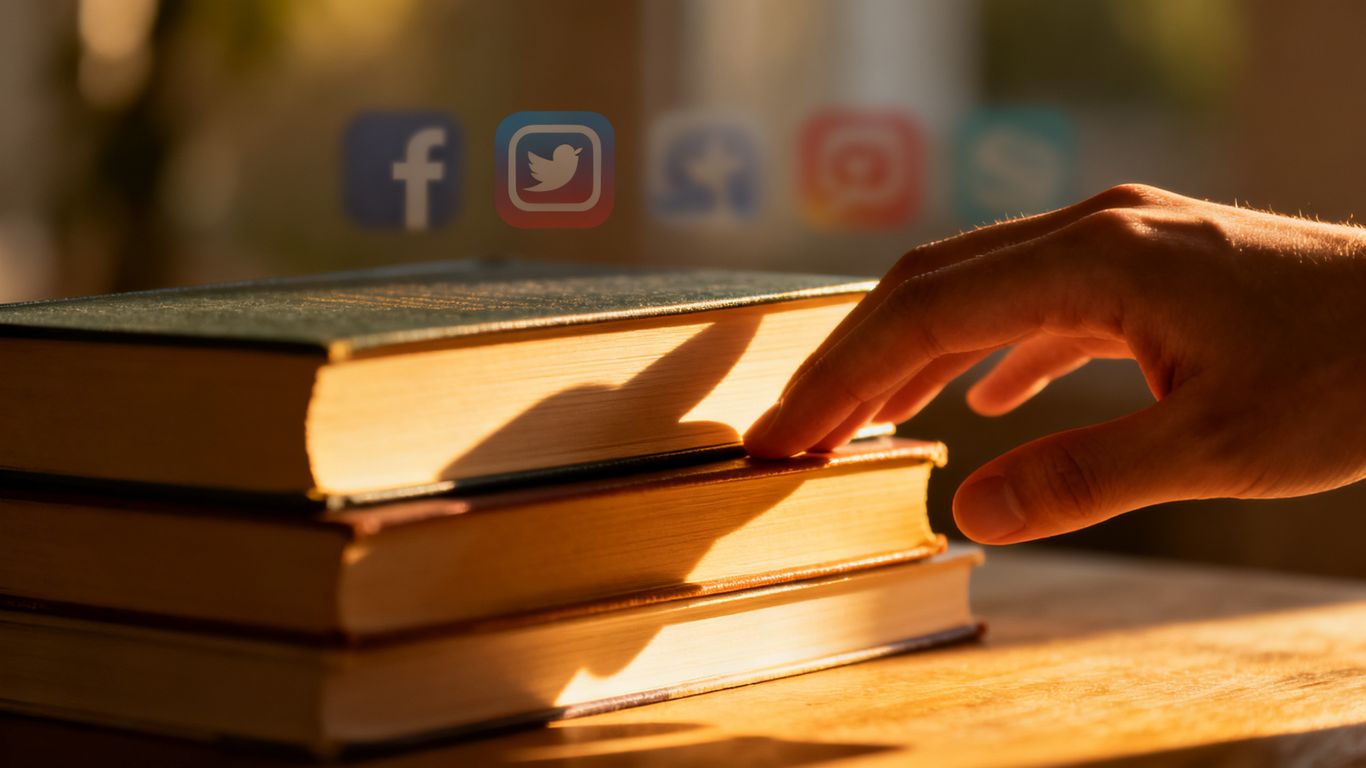 Books with social media icons blurred in background.