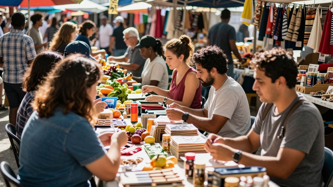Mercado local vibrante com vendedores e clientes interagindo.