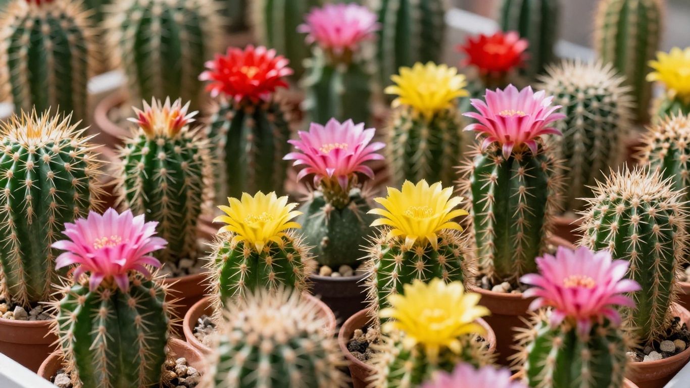Cacti in full bloom with vibrant summer flowers.