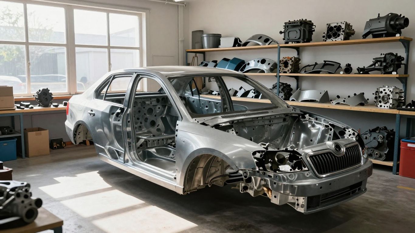 Skoda Superb parts in a workshop