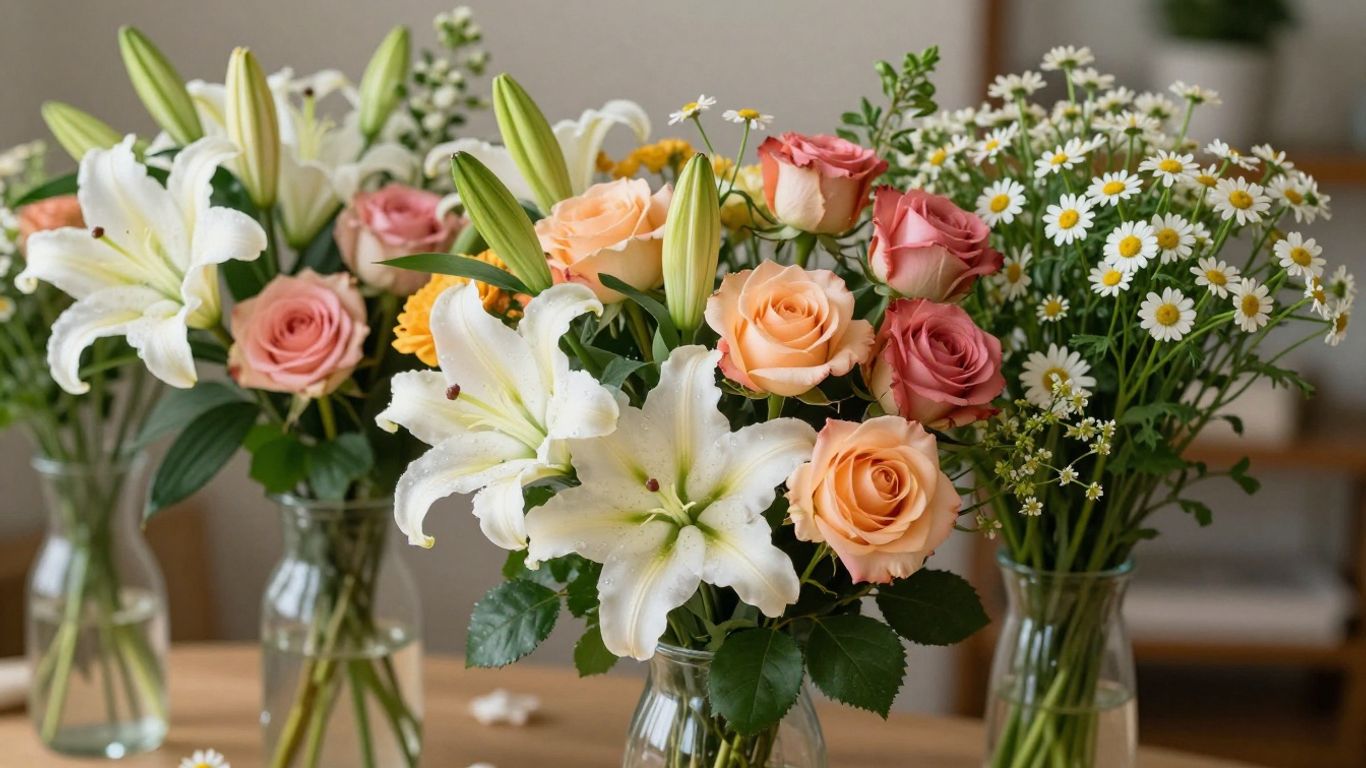 Colorful flower arrangement in a vase.