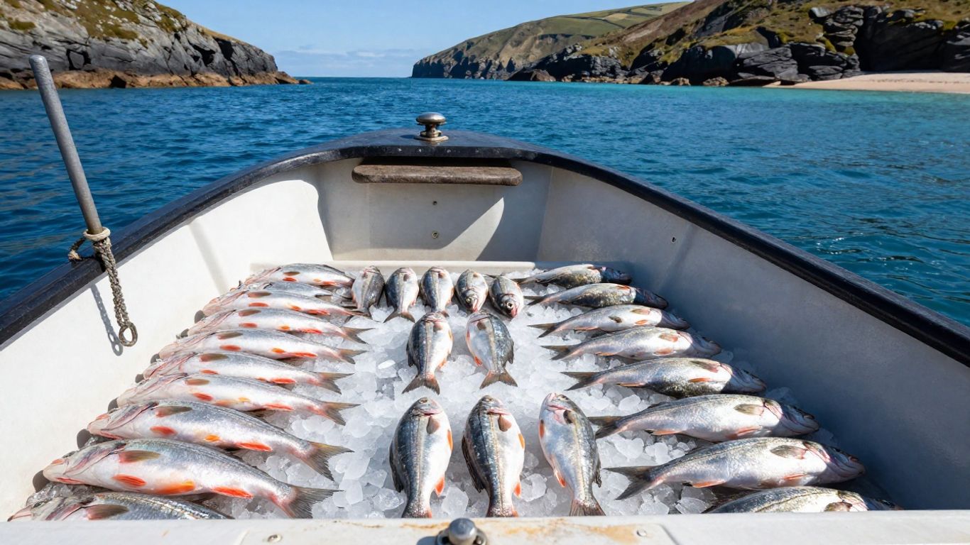Fishing boat with fresh catch near Devon and Cornwall coast.