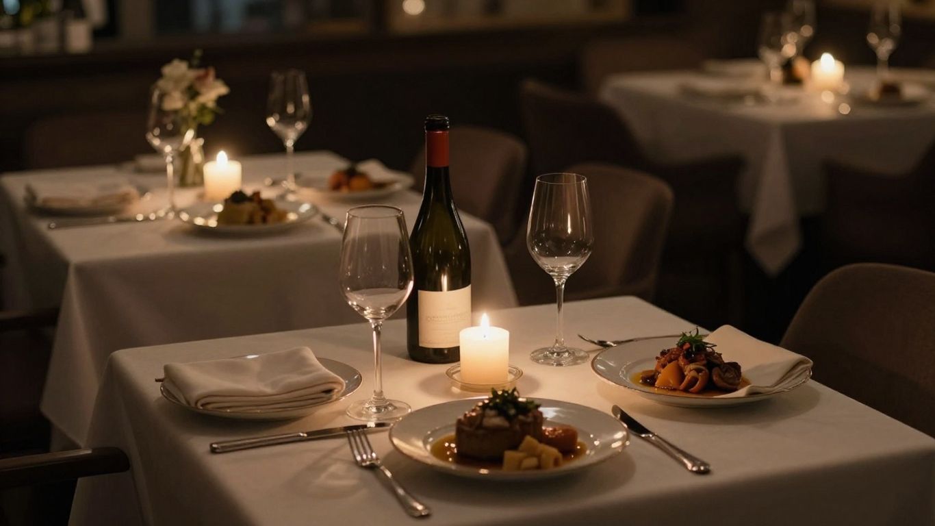 Romantic restaurant table setting for anniversary dinner
