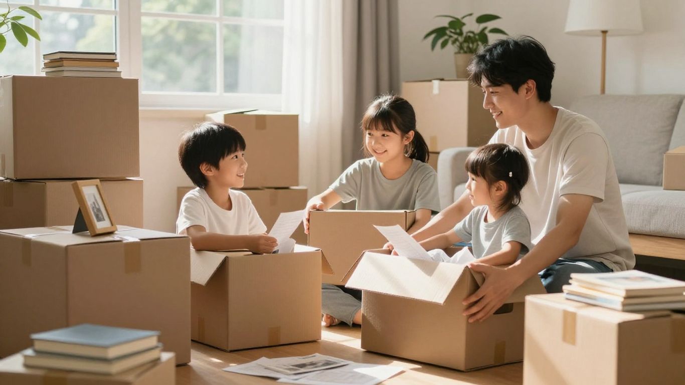 Family packing boxes for a move.