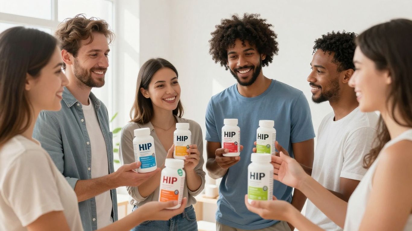 Personas sonriendo con productos bHIP en un entorno moderno.