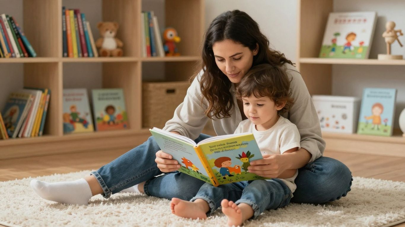 Caregiver and child reading illustrated books together