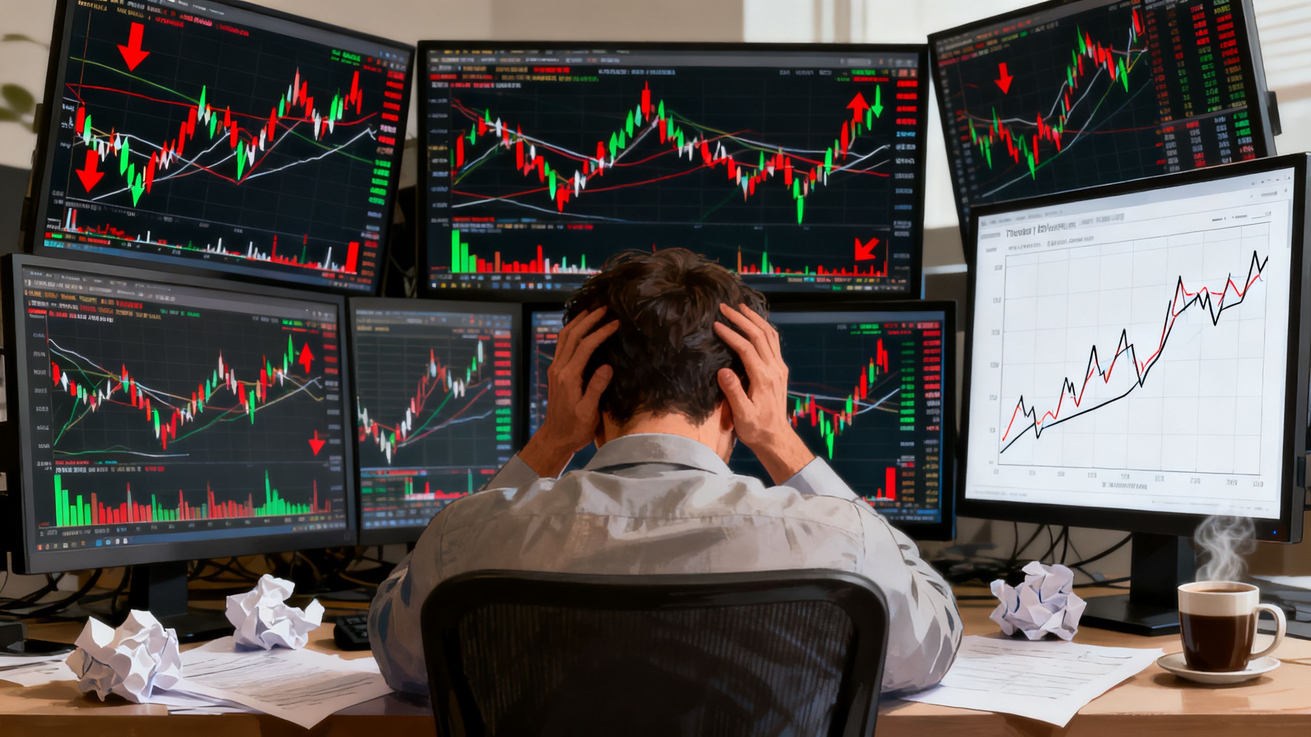 A retail CFD trader overwhelmed by multiple chart timeframes, conflicting signals, and decision fatigue, with a clean single-chart trading plan contrasting against the clutter, realistic editorial illustration