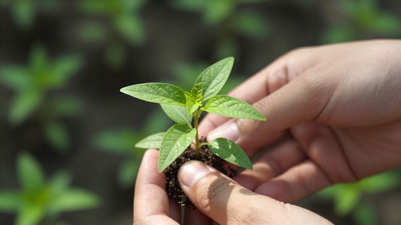 Hands holding a small green seedling.