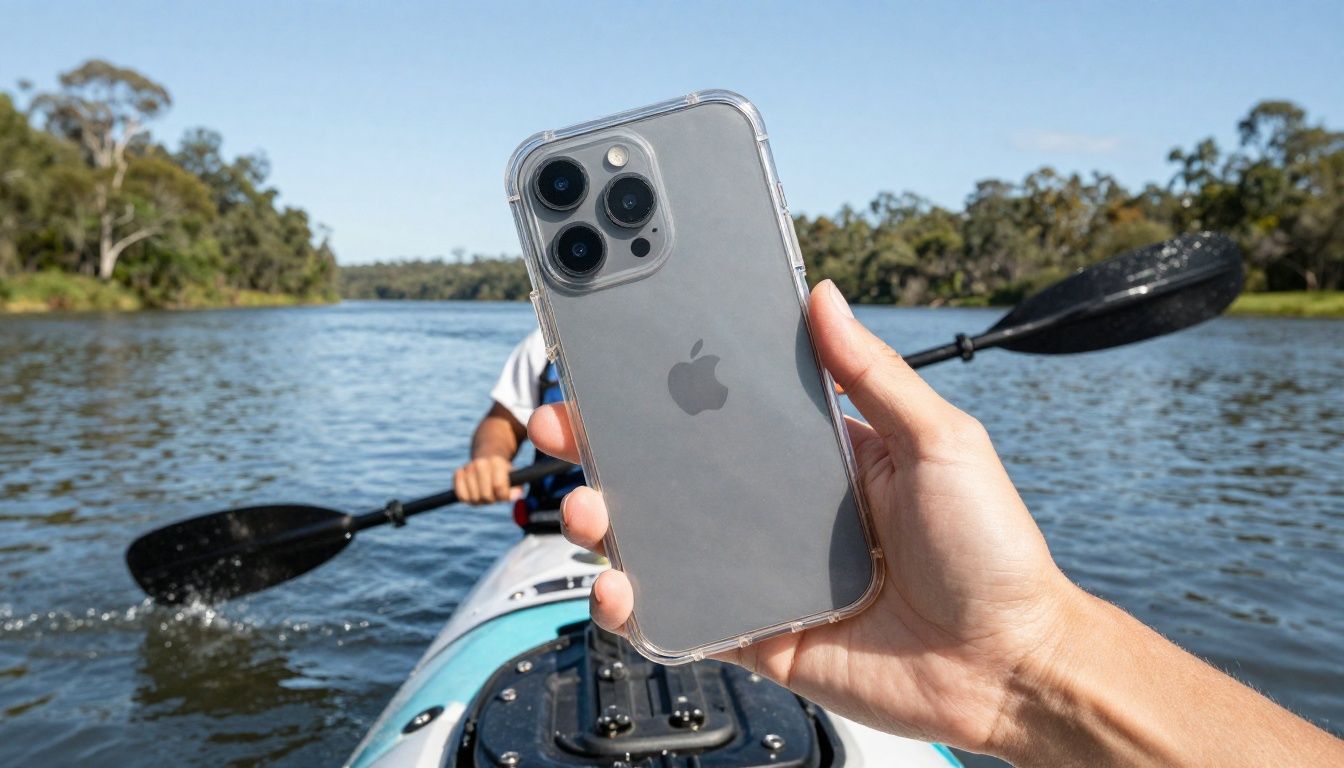 A person in a kayak on a calm Australian river, confidently using their phone which is secured in a clear waterproof case.