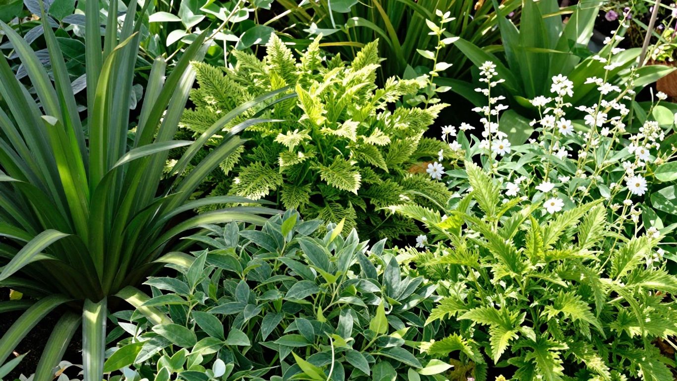 Schattenliebende Pflanzen im Garten mit üppigem Grün und Blumen.