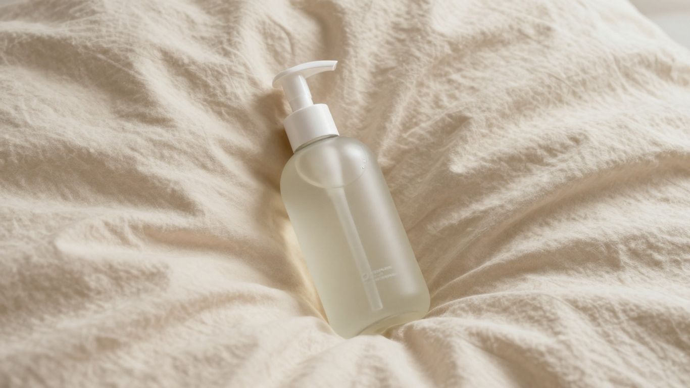 A clean intimate bedroom setting with a transparent water-based gel bottle resting on linen sheets