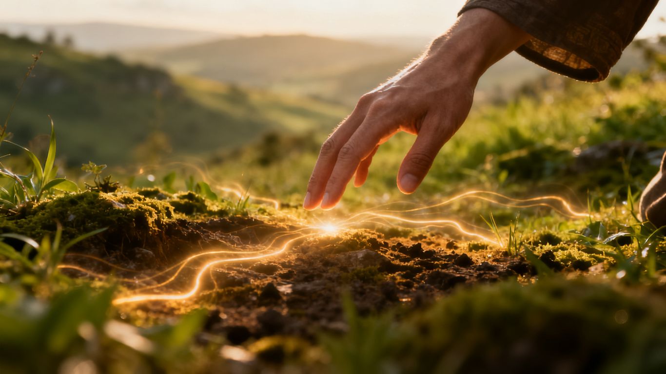 Green landscape with glowing energy lines and a hand.