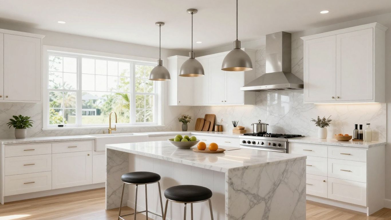 Modern remodeled kitchen with white cabinets and marble countertops.