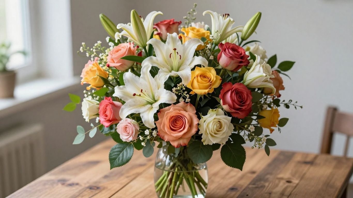 Handcrafted bouquet of fresh, colorful flowers.