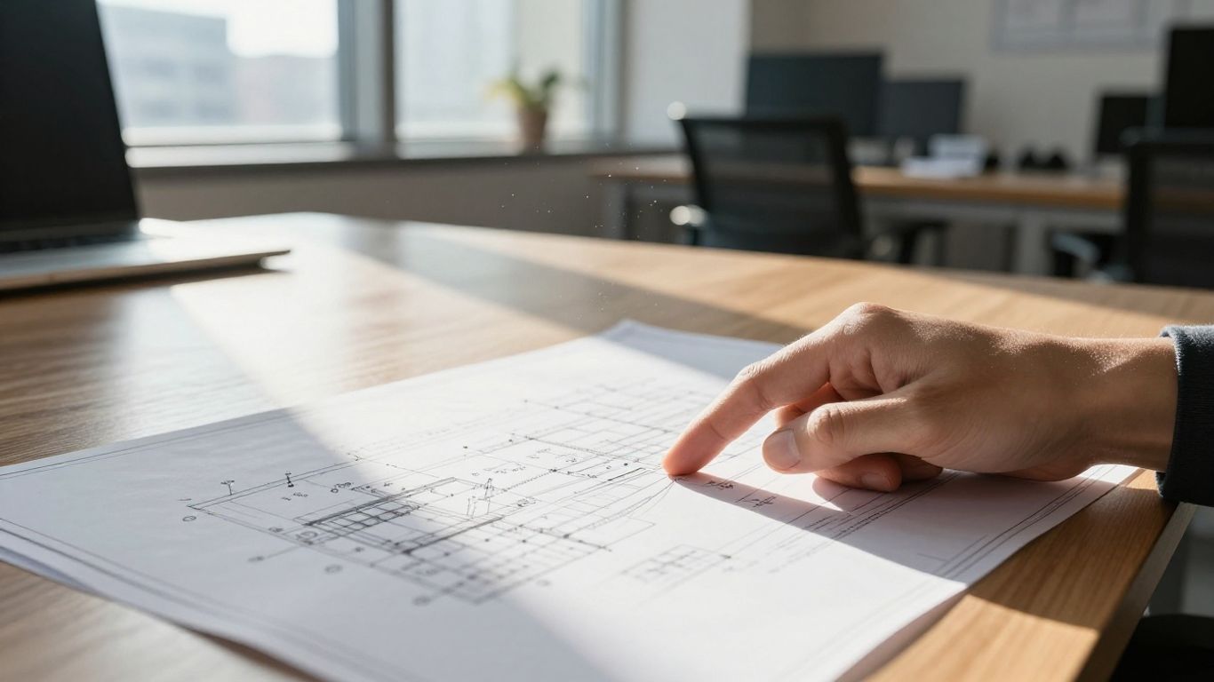Engineering office with blueprints and technical drawings on table.