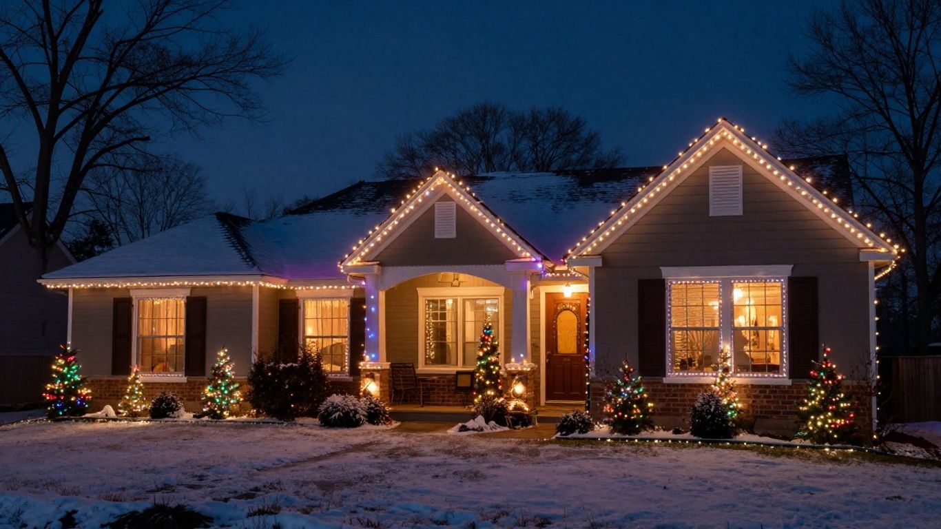 Festive house with professional Christmas lights at dusk.