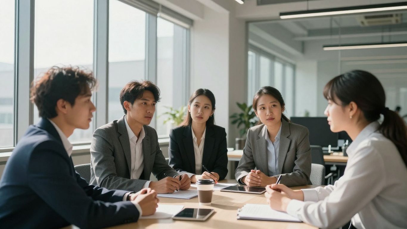 Professionals die samenwerken in een modern kantoor.