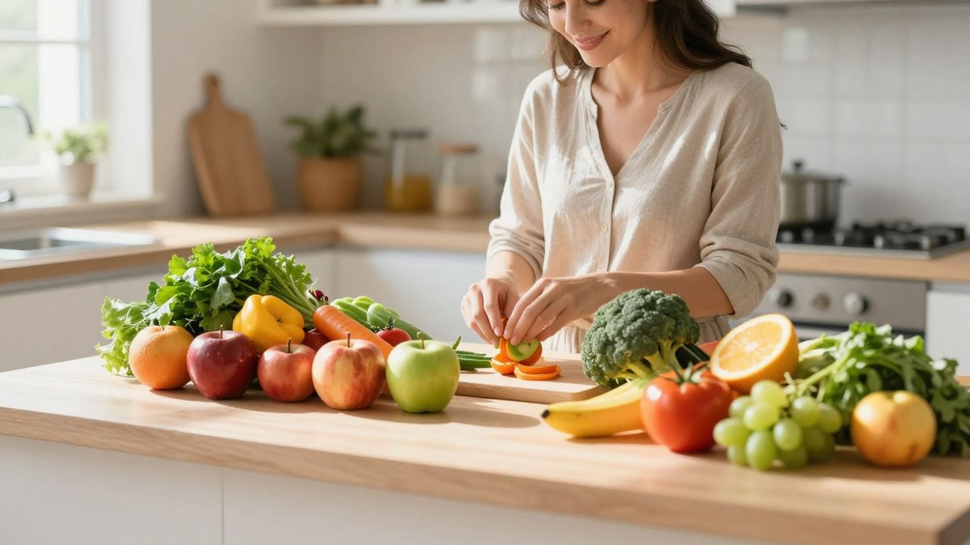 Mulher sorrindo com frutas e vegetais em cozinha.