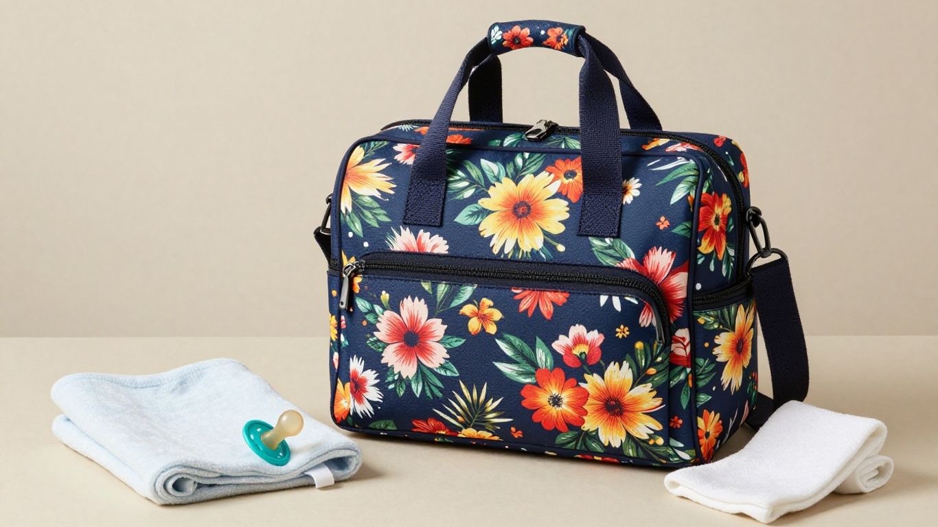 Vera Bradley diaper bag with baby essentials.