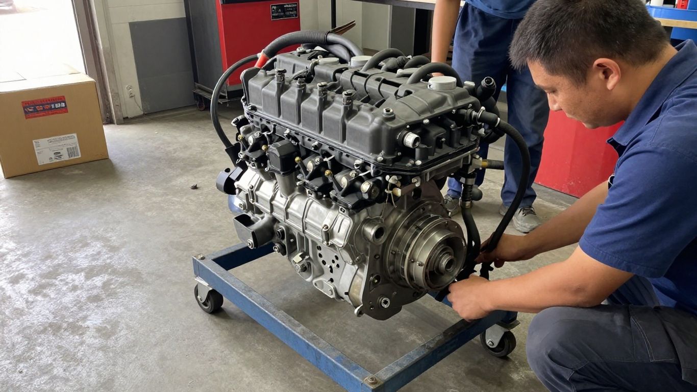 Replacement diesel engine prepared for workshop installation