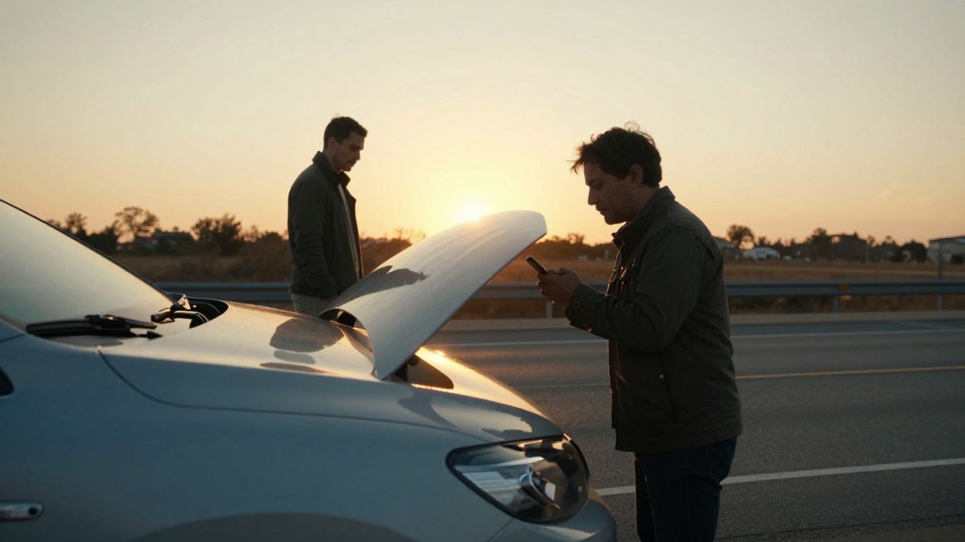 Tow truck assisting a stranded car on a highway at sunset.