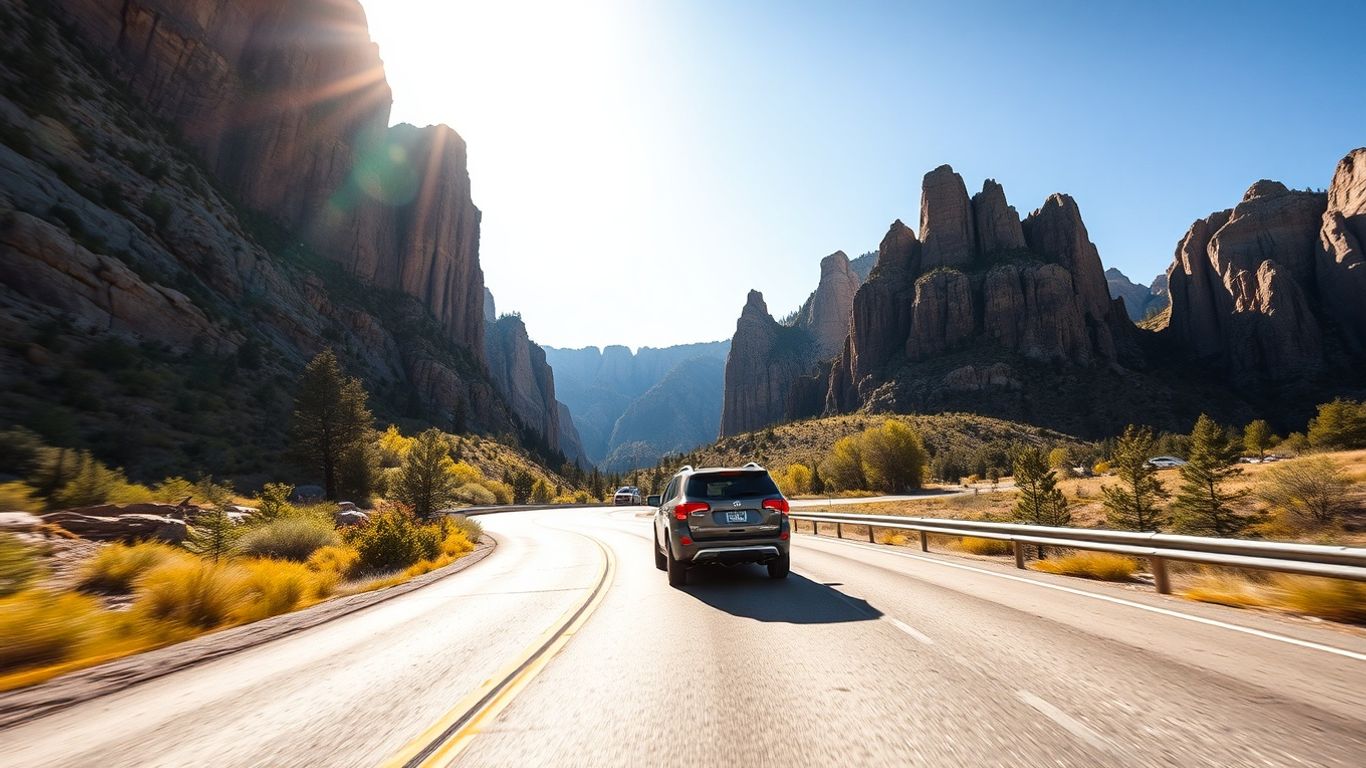 Car driving along mountain range with peaks