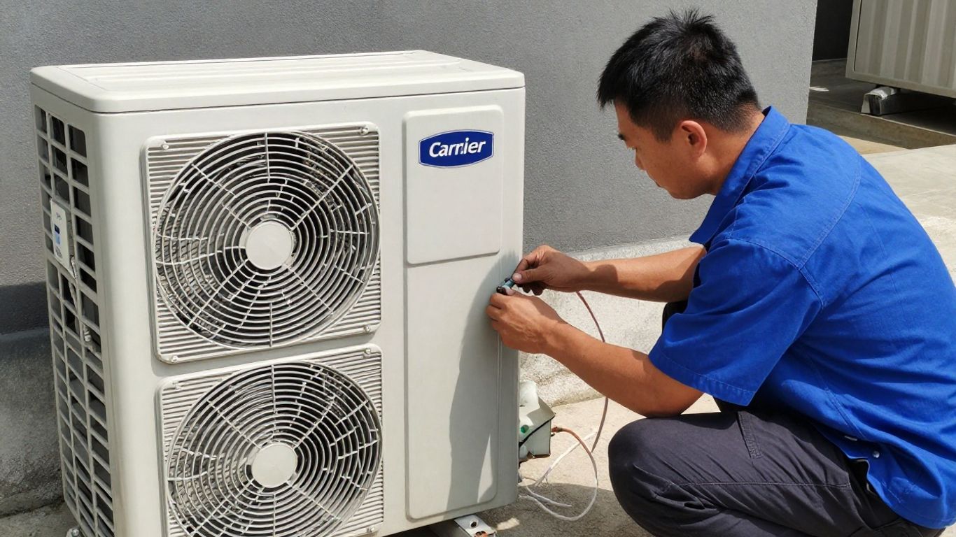 Technician repairing Carrier air conditioner outdoors.