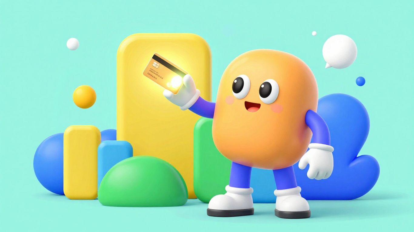 Character with credit card, financial growth illustration.