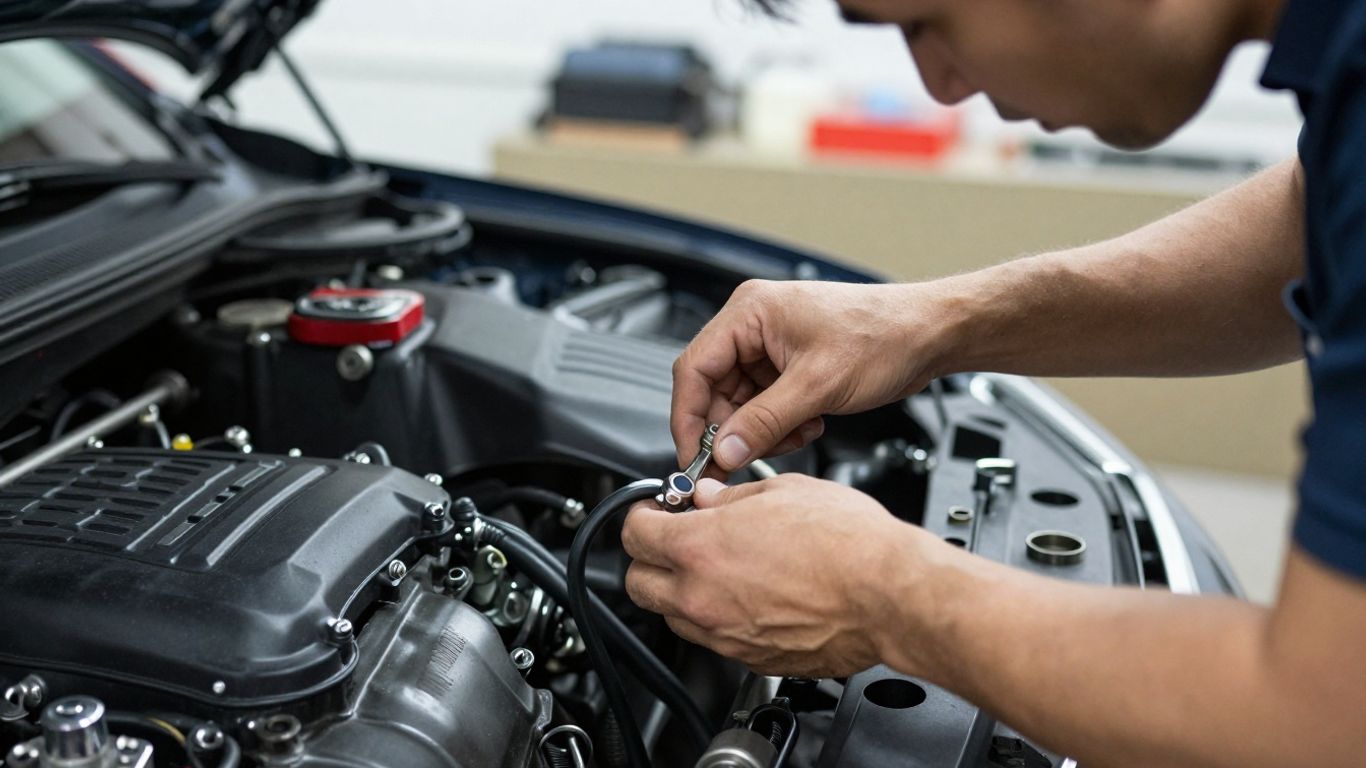Mechanic inspecting a used car engine for warranty.