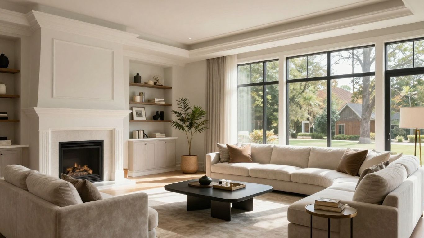 Elegant living room with custom features in Suwanee home.