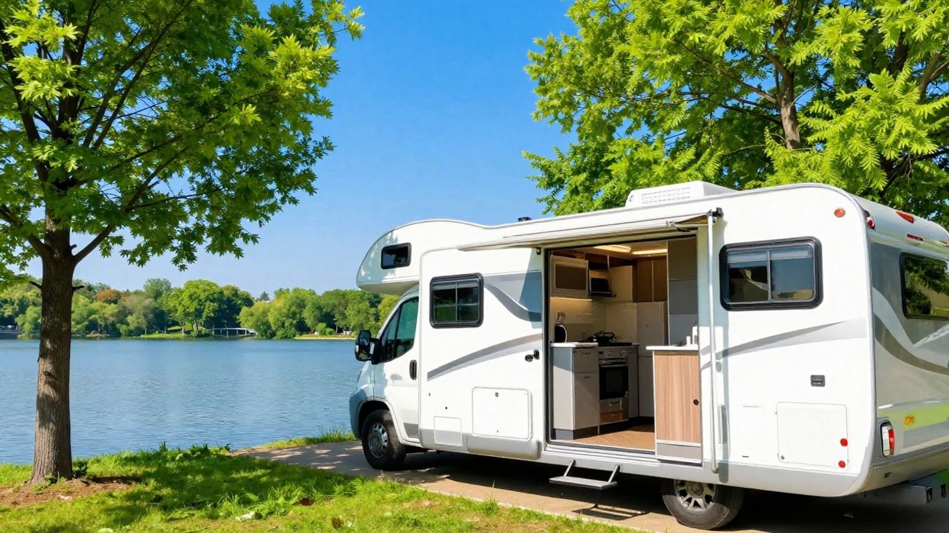 RV parked by a lake with trees and blue sky.