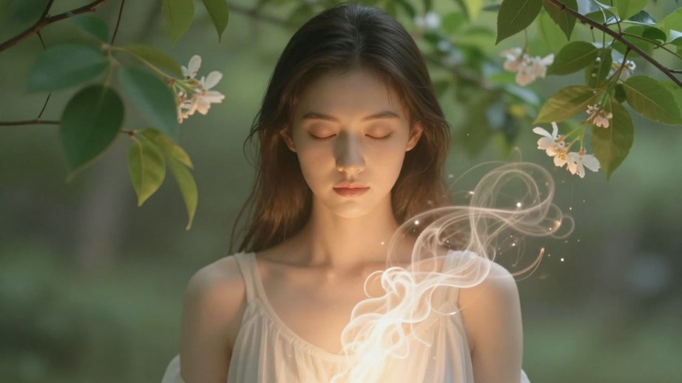 Woman glowing with inner peace and growth.