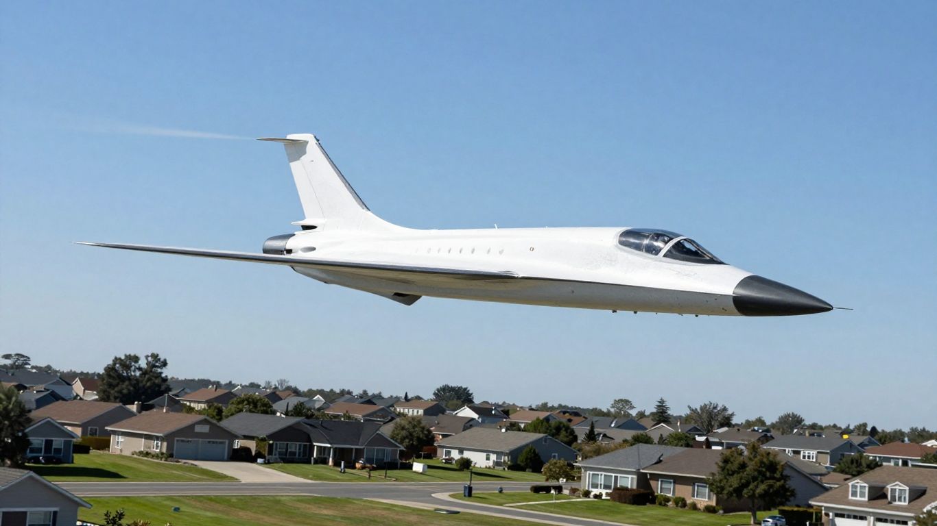 Futuristic supersonic jet flying over suburban homes.